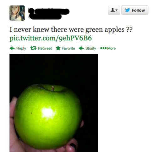 tweet - stupid questions asked on twitter - y I never knew there were green apples ?? pic.twitter.com9ehPV6B6 t3 RetweetF avorite Storify ... More