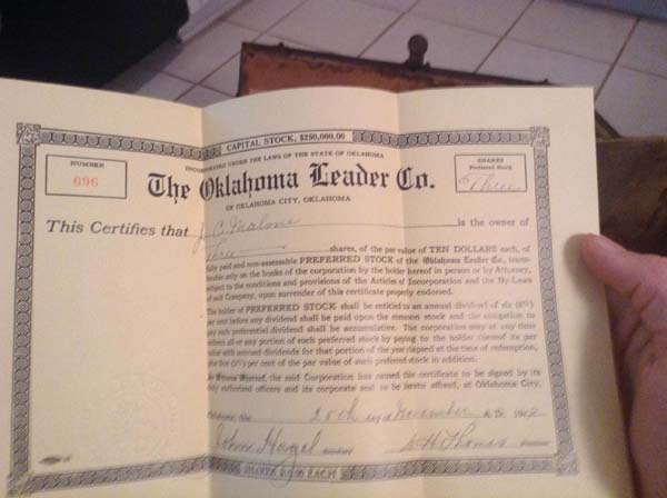 This certificate is for three shares of The Oklahoma Leader Co. 10share.