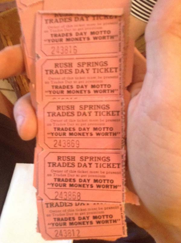 Tickets for Trades Day in Rush Springs, OK, probably a resource for farmers.