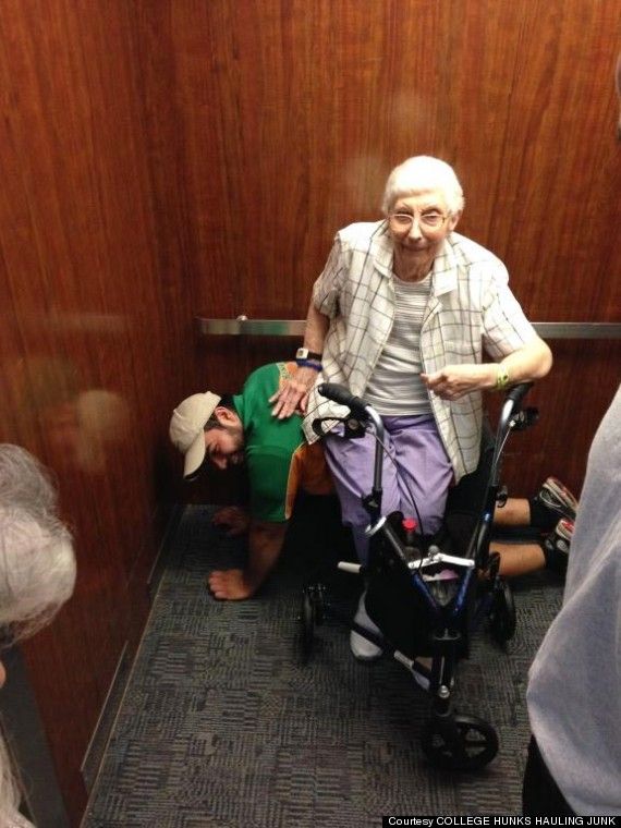 Student acts as human chair for several hours to help old lady.