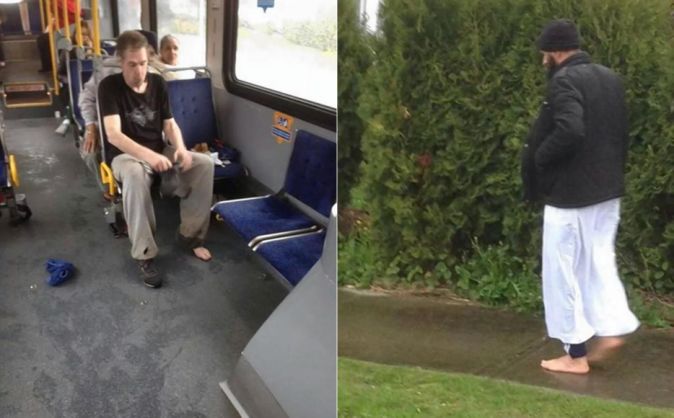 "I saw a man sitting on the bus without shoes when a Muslim man got on and sat next to him. The Muslim man took off his shoes and socks and gave it to him, saying 'I don't need them and I live nearby.' He got off the bus before the man could say thanks." In the second picture, the donor walks away barefoot.