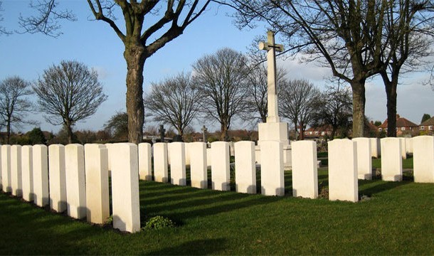 The first British soldier killed in WWII is buried, randomly, next to the last British soldier killed in WWII--A startling coincidence in a war with more than 383,800 British military deaths.