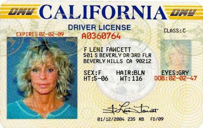 farrah fawcett drivers license - Dhy California Dhy Driver License A0360764 ClassC Expires 020209 Fleni Fawcett 501 S Beverly Dr 3RD Flr Beverly Hills Ca 90212 SexF Ht506 HairBln Wt 116 EyesGry Dob 020247 01122004 235 Rb Fd09