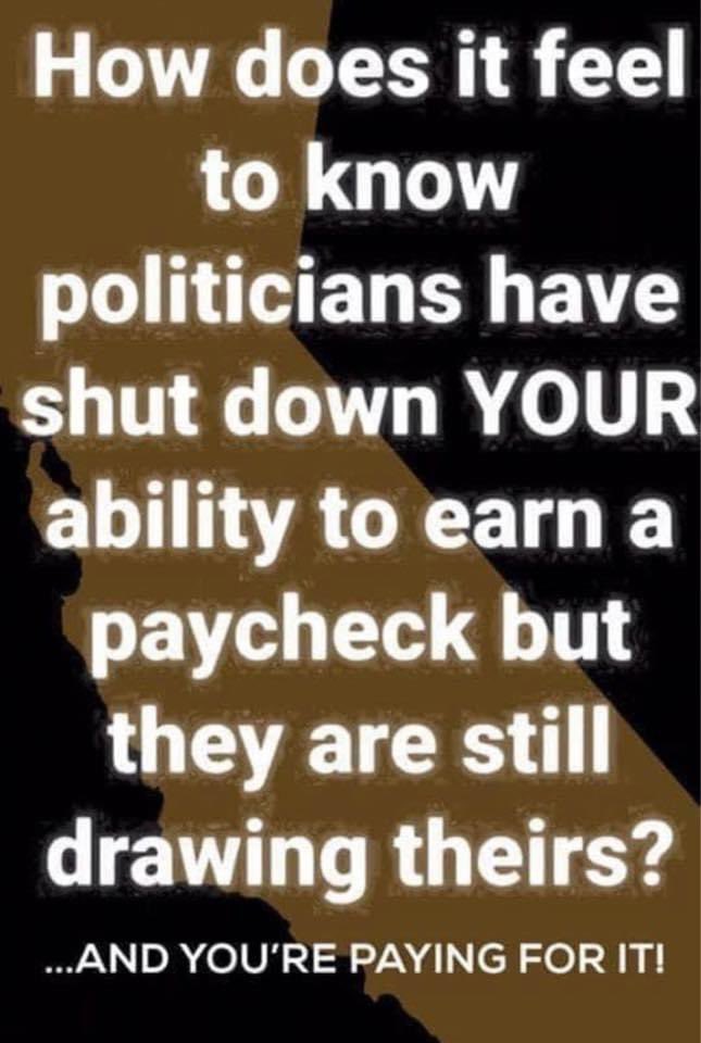 poster - How does it feel to know politicians have shut down Your ability to earn a paycheck but they are still drawing theirs? ...And You'Re Paying For It!