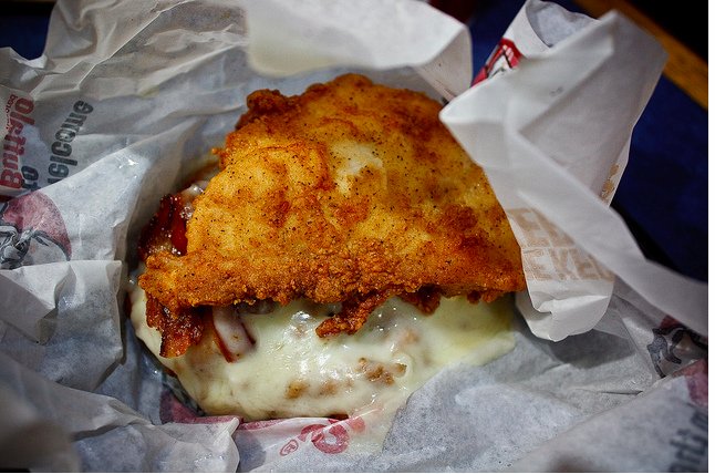 KFC - Double DownThe sandwich is rather simple: just chicken cheese and bacon, sans the bread. But that hasn't stopped over 10 million people from trying it.