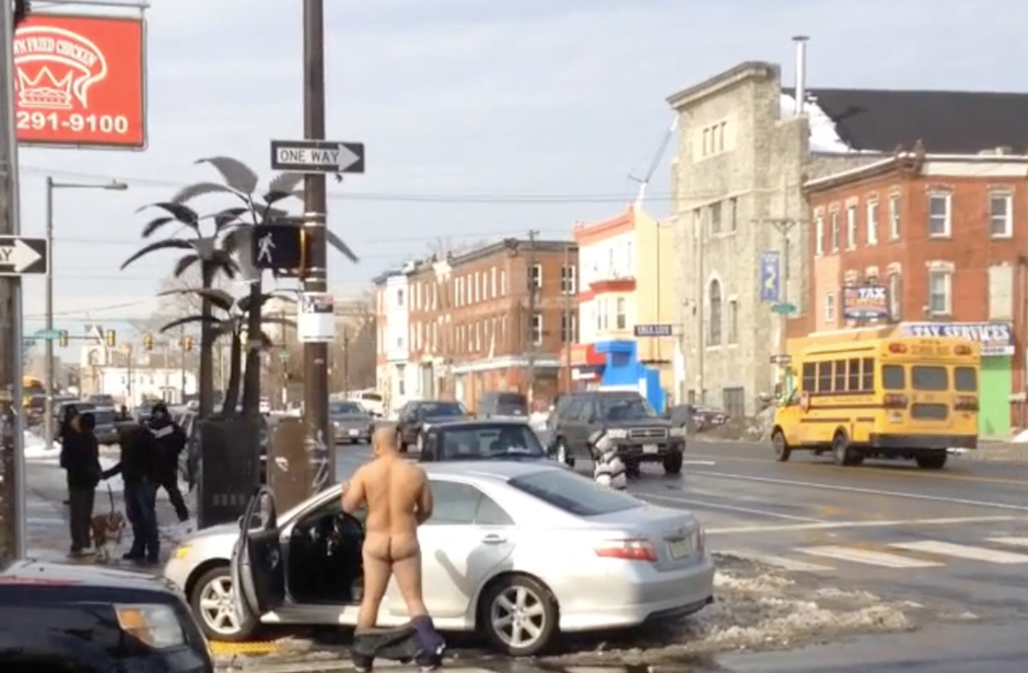 According to police, On Monday morning at 10:30 a.m, a 34-year-old Pennsauken, New Jersey, man  crashed his car into the Crown Fried Chicken at 5th and Lehigh in North Philadelphia,then disrobed, and pleasured himself, played with his buttcrack and such...He was charged with a DUI.
