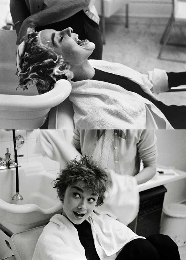 Audrey Hepburn getting her hair shampooed on the set of Sabrina.