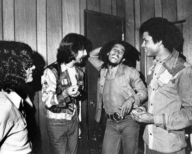 George Harrison and Bob Marley backstage at The Roxy, Los Angeles, 1975.
