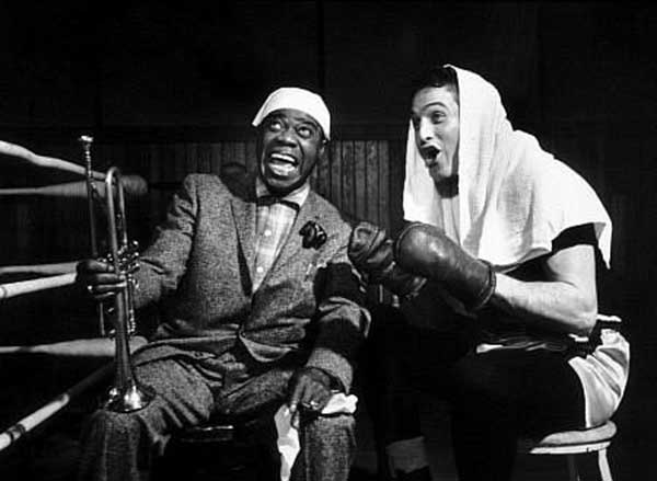 Louis Armstrong and Paul Newman on theset of Somebody Up There Likes Me.