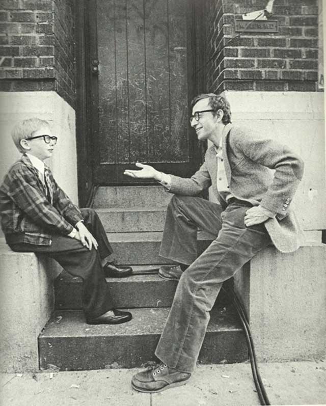Woody Allen with Jonathan Munk, who played the 9 year oldversion of him, on the set of Annie Hall.