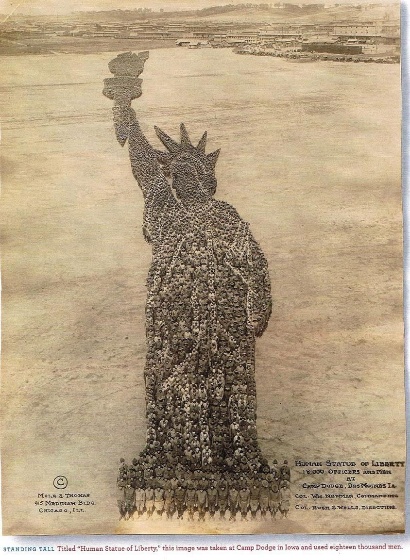 human statue of liberty - Human Statue Of Liberty 18,000 Officers And Mon At Camp Dodge, Des Moins Ia. Coz. Wes. Newman, Combardzorg Col. Rush S.Wolls, Directing. Mol & Thomas 915 Msdinah Bldg. Chicago, Il Standing Tall Titled "Human Statue of Liberty," t