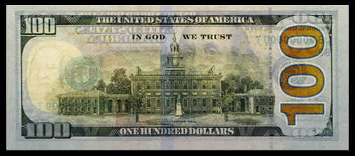 On the new hundred dollar bill the time on the clock tower of Independence Hall is 4:10.