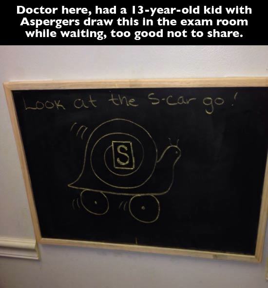 blackboard - Doctor here, had a 13yearold kid with Aspergers draw this in the exam room while waiting, too good not to . Look at the scar go! Cs