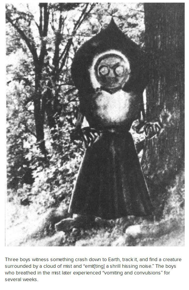 The Flatwoods Monster, also known as the Braxton County Monster or the Phantom of Flatwoods, is an alleged unidentified extraterrestrial or cryptid reported to have been sighted in the town of Flatwoods in Braxton County, West Virginia, United States on September 12, 1952.