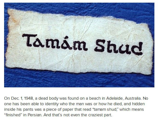 The Taman Shud Case,note 1 also known as the Mystery of the Somerton Man, is an unsolved case of an unidentified man found dead at 6:30 a.m., 1 December 1948, on Somerton beach in Adelaide, South Australia. It is named after a phrase, tamam shud, meaning "ended" or "finished" in Persian, on a scrap of the final page of The Rubaiyat, found in the hidden pocket of the man's trousers.