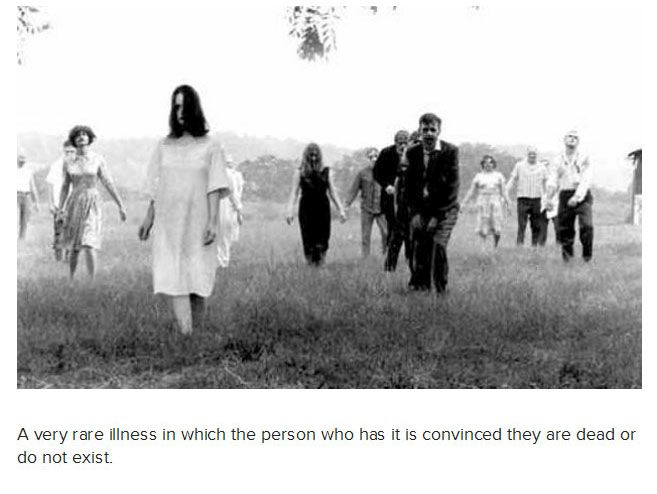 The Cotard delusion also Cotard's Syndrome and Walking Corpse Syndrome is a rare mental illness, in which the afflicted person holds the delusion that he or she is dead, either figuratively or literally yet said delusion of negation is not a symptom essential to the syndrome proper. Statistical analysis of a hundred-patient cohort indicates that the denial of self-existence is a symptom present in 69 percent of the cases of Cotard's syndrome yet, paradoxically, 55 percent of the patients might present delusions of immortality.