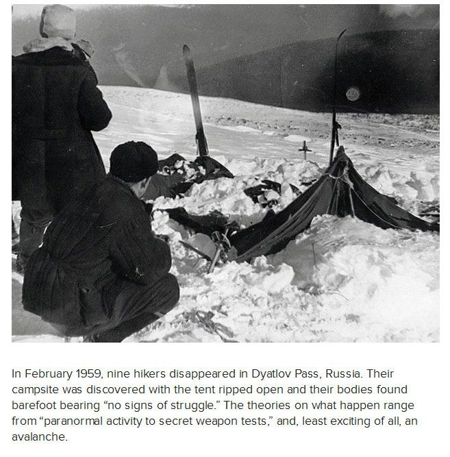 The Dyatlov Pass incident refers to the mysterious deaths of nine ski hikers in the northern Ural mountains on the night of February 2, 1959. The incident happened on the east shoulder of the mountain Kholat Syakhl 10611086108310721090-10571103109310991083, a Mansi name, meaning Dead Mountain. The mountain pass where the incident occurred has since been named Dyatlov Pass 1055107710881077107410721083 1044110310901083108610741072 after the group's leader, Igor Dyatlov 10481075108610881100 104411031090108310861074.