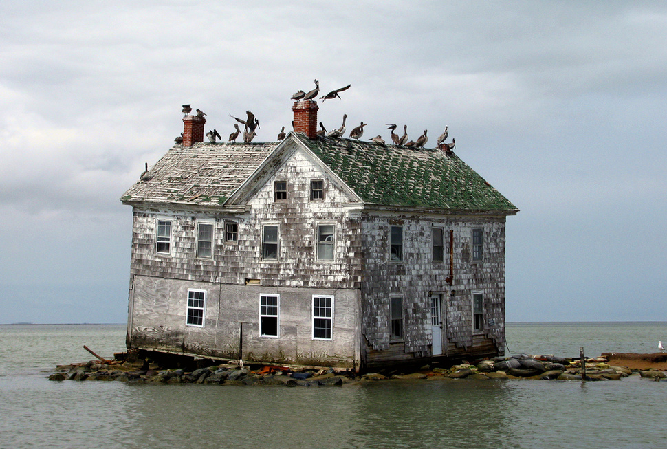 Flooding means that much of Holland Island in Chesapeake Bay is now under water. This abandoned home is the last remnant of another century and home to only birds. Maryland, USA