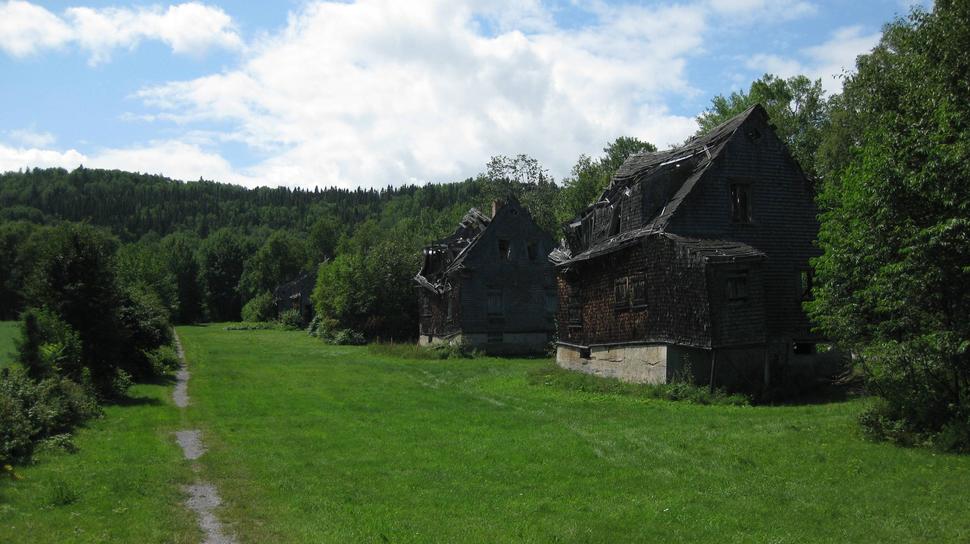 A pair of long forgotten homes covered in vines. Val-Jalbert, Qubec