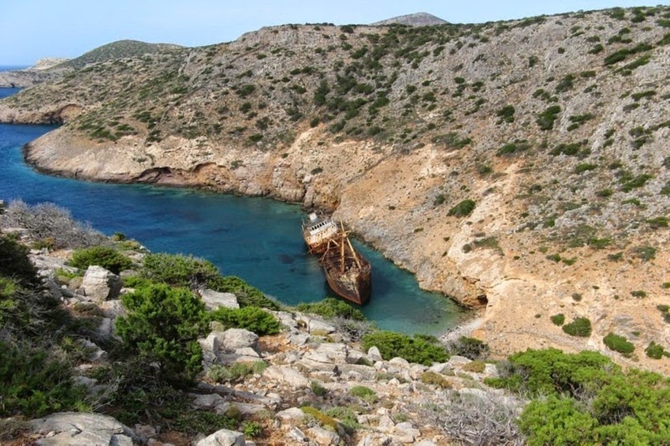 Olympia Amorgos Island, Greece - The mysterious Olympia is believed to have been hijacked and run ashore by pirates. Now, this beautiful wreck is a popular tourist spot.