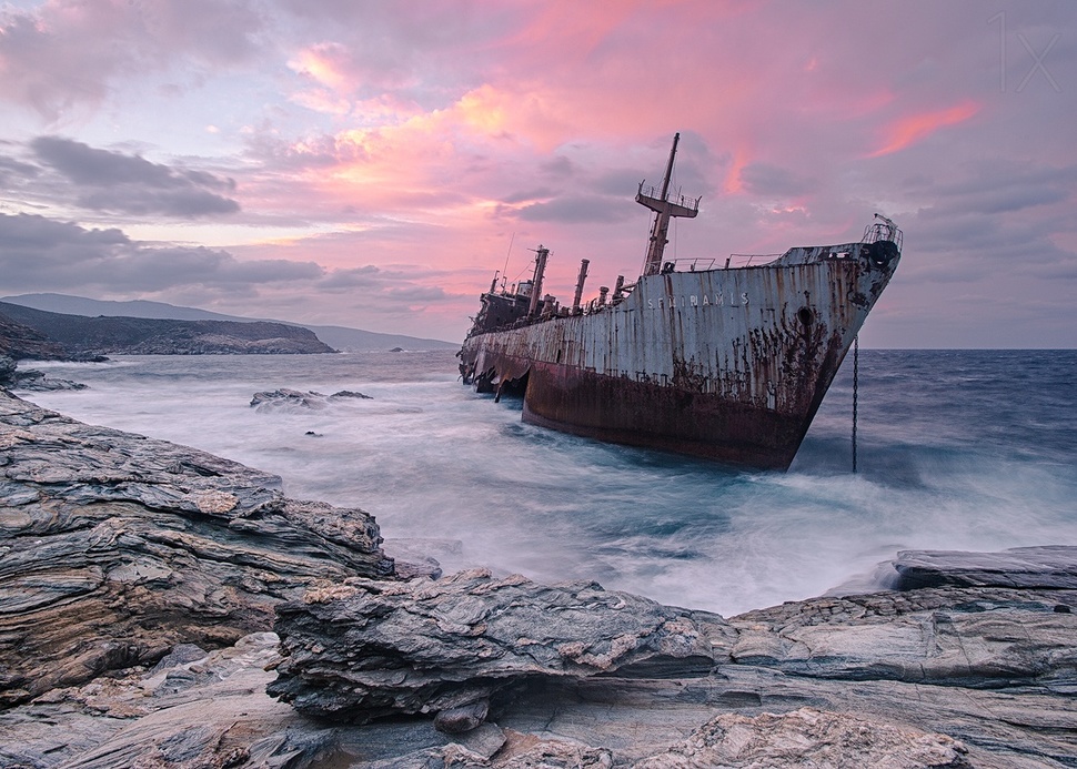 Semiramis Andros Island, Greece - This passenger boat that now looks like a terrifying ghost ship ran aground in 1954.