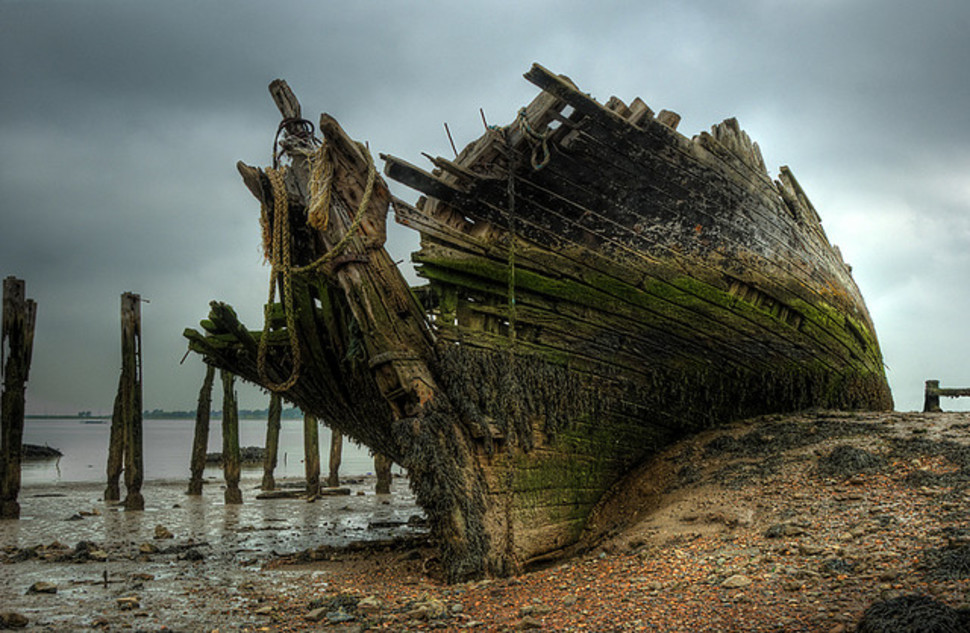 The Hans Egede Cliffe, United Kingdom - This decayed wreck was a 3-masted ship, built in 1922. In 1957, after years of hard service, her body broke as she was being towed, beaching her at Cliffe.