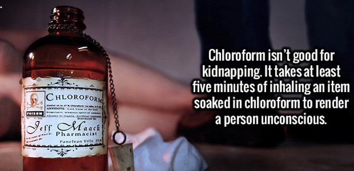 3 interesting facts on chloroform - Chloroform isn't good for kidnapping. It takes at least five minutes of inhaling an item soaked in chloroform to render a person unconscious. Hloroform Al Jeff Maach Pharmacist Panelvan ville Os