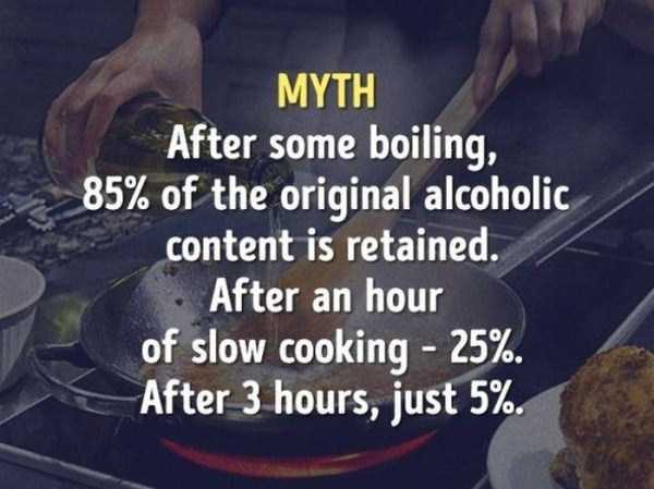 coca cola - Myth After some boiling, 85% of the original alcoholic content is retained. After an hour of slow cooking 25%. After 3 hours, just 5%.