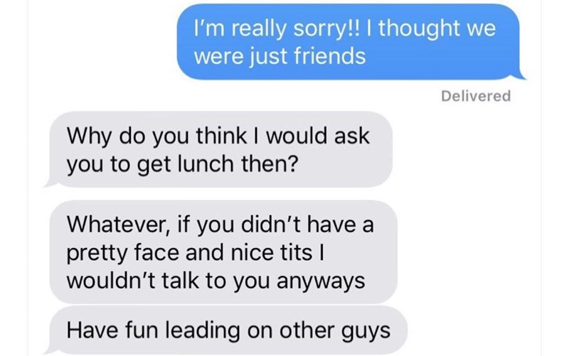 cringe nice guys - I'm really sorry!! I thought we were just friends Delivered Why do you think I would ask you to get lunch then? Whatever, if you didn't have a pretty face and nice tits | wouldn't talk to you anyways Have fun leading on other guys