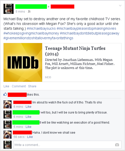 This is just a facebook post of the new TMNT movie by Michael Bay. The photo says it all.