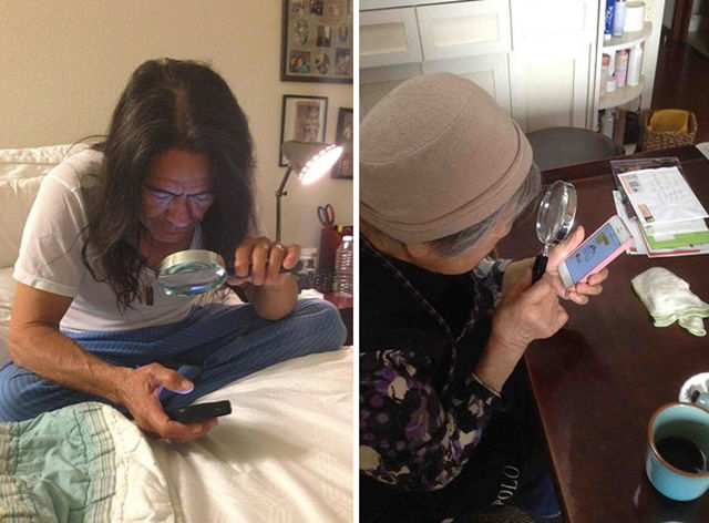 People who need a magnifying glass to read their texts.