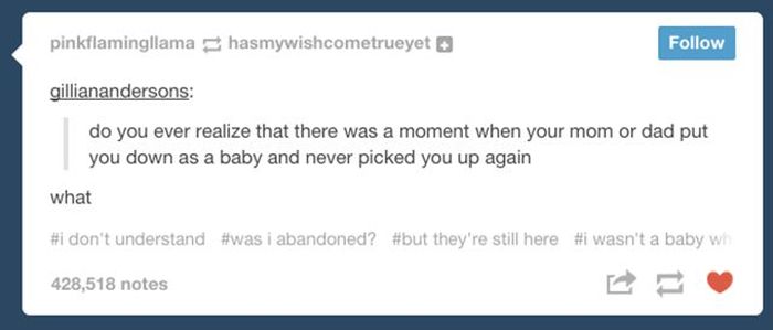 tumblr - i m 12 and this is deep - pinkflamingllama hasmywishcometrueyet gillianandersons do you ever realize that there was a moment when your mom or dad put you down as a baby and never picked you up again what don't understand i abandoned? they're stil