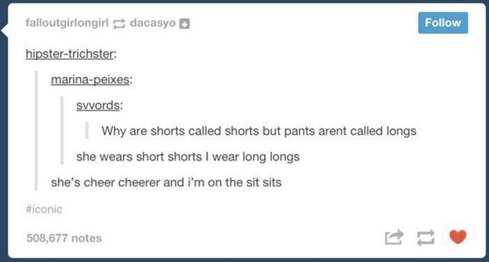 tumblr - web page - falloutgiriongirl dacasyo hipstertrichster marinapeixes svvords Why are shorts called shorts but pants arent called longs she wears short shorts I wear long longs she's cheer cheerer and i'm on the sit sits 508,677 notes