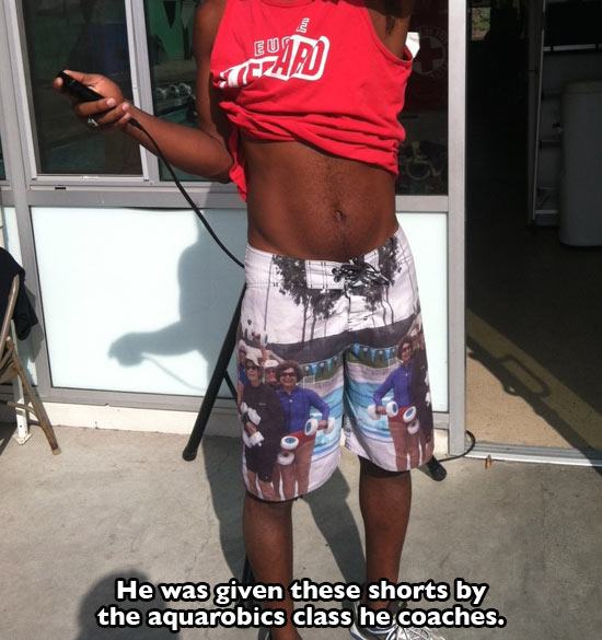 t shirt - He was given these shorts by the aquarobics class he coaches.