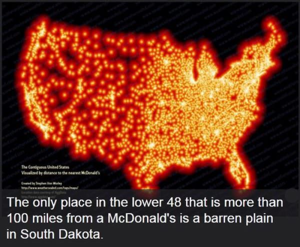 mcdonalds map usa - The Comtes United States Virusland by distance to the McDonald's The only place in the lower 48 that is more than 100 miles from a McDonald's is a barren plain in South Dakota.