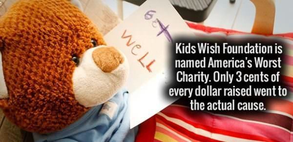 stuffed toy - well Kids Wish Foundation is named America's Worst Charity. Only 3 cents of every dollar raised went to the actual cause.