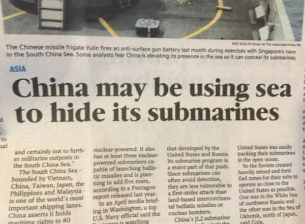 china may be using sea to hide submarines - The Chinese missile frigate Yulin fires an antisurface gun battery last month during exercises with Singapore's navy in the South China Sea. Some analysts fear China is elevating its presence in the sea so it ca