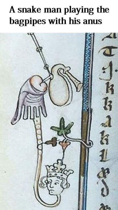 Medieval art - A snake man playing the bagpipes with his anus