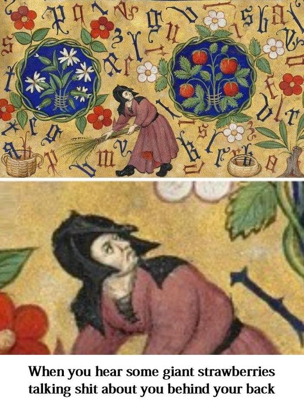 funny medieval art - Na On Evo skal Om 12V When you hear some giant strawberries talking shit about you behind your back