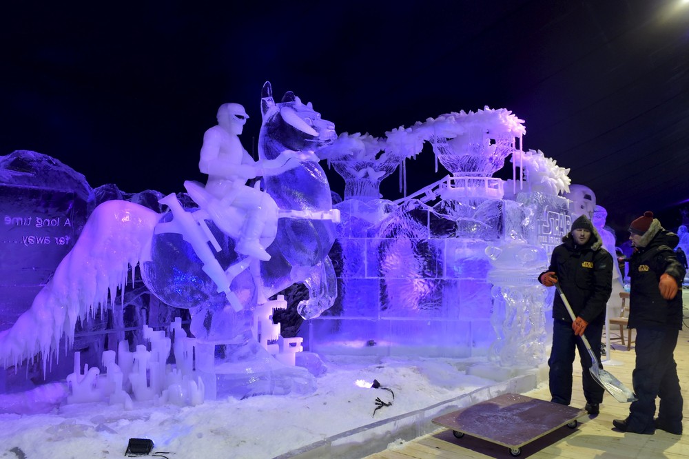 The ice sculptures have been coming together for about four weeks, during which time all the sculptors had to work in the subfreezing temperatures, of course.