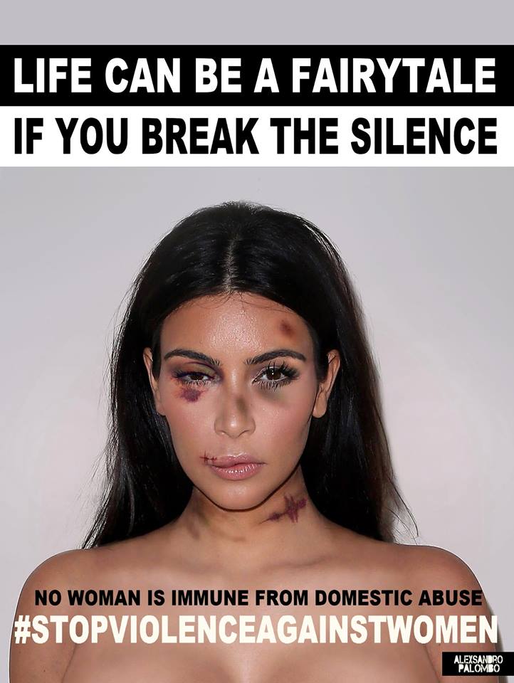 However, the stills were then edited by artist and activist AleXsandro Palombo, depicting the sisters with bust lips, black eyes, cuts and bruises, accompanied by the caption: “Life can be a fairytale if you break the silence. No woman is immune from domestic abuse.”