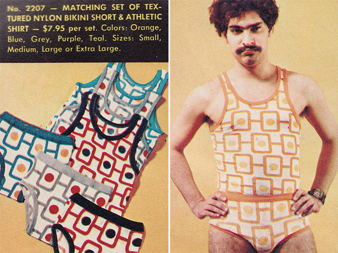 1970s underwear - No. 2207 Matching Set Of Tex Tured Nylon Bikini Short & Athletic Shirt $7.95 per set. Colors Orange, Blue, Grey, Purple, Teal. Sizes Small, Medium, Large or Extra Large. Hhod Moio Hhh Hohohoho