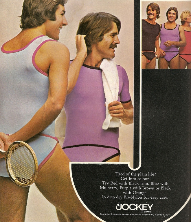 60s mens underwear - Tired of the plain life? Get into colour. Try Red with Black trim, Blue with Mulberry, Purple with Brown or Black with Orange. In drip dry BriNylon for easy care. Hockey O Brand Made in Australia under exclusive licence by Speedo. Y