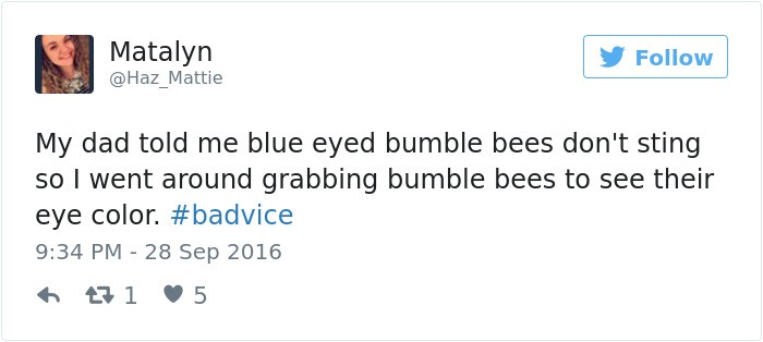 crazy feminist tweets - Matalyn y My dad told me blue eyed bumble bees don't sting so I went around grabbing bumble bees to see their eye color. 271 5