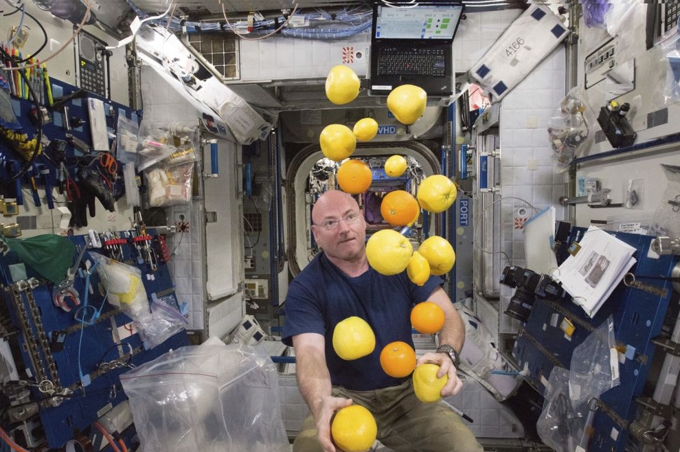 NASA astronaut Scott Kelly corrals the supply of fresh fruit that arrived on the Kounotori 5 H-II Transfer Vehicle