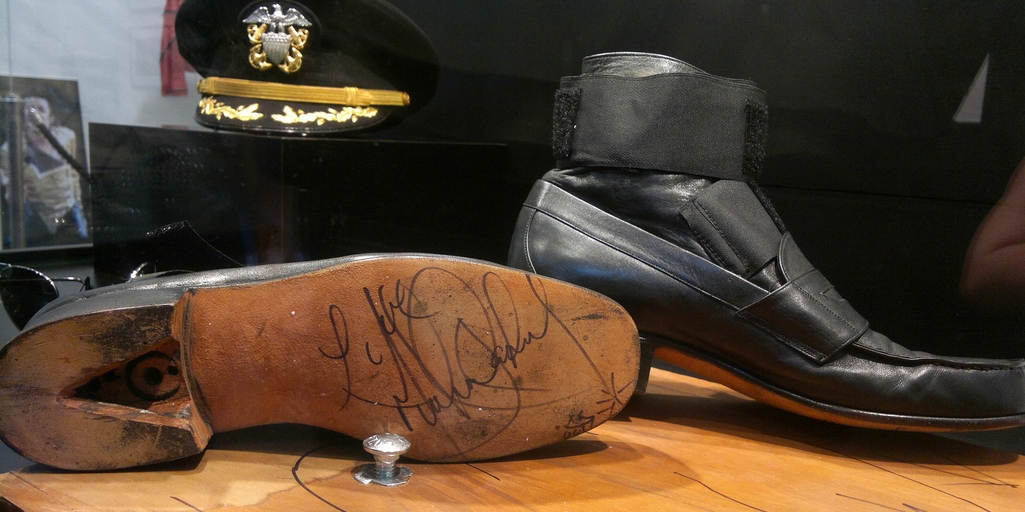 Michael Jackson’s special shoes next to the floor bolts that were used for him to do his famous gravity-defying lean