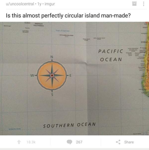 circle - uuncoolcentral. ty.imgur Is this almost perfectly circular island manmade? POLrNesu Chile Pacific Ocean Southern Ocean 267