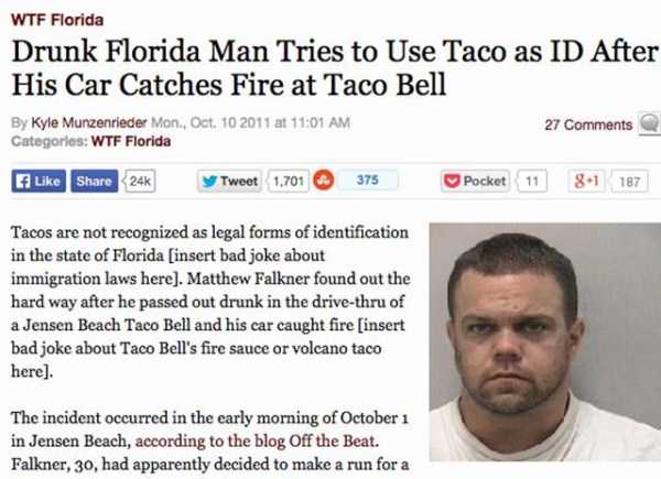 roses are red violets are blue florida man - Wtf Florida Drunk Florida Man Tries to Use Taco as Id After His Car Catches Fire at Taco Bell By Kyle Munzenrieder Mon, Oct. 10 2011 at Categories Wtf Florida 27 24k Tweet 1,701 375 Pocket 11 81 187 Tacos are n
