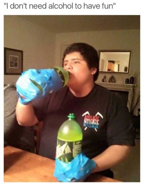 Man with Mountain Dew 2-liter bottles taped to his hands