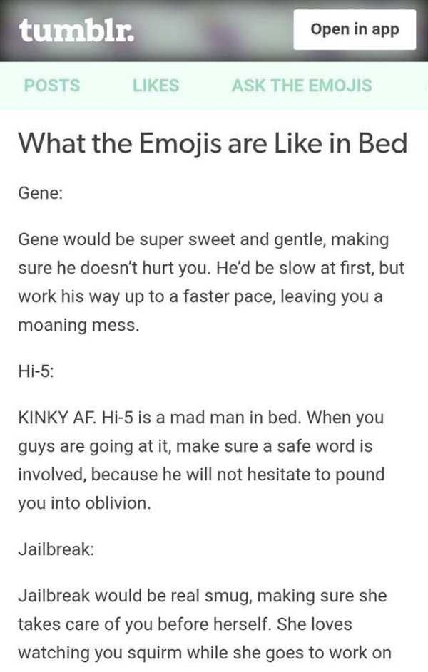 Cringeworthy tumblr post about what emojis are like in bed.